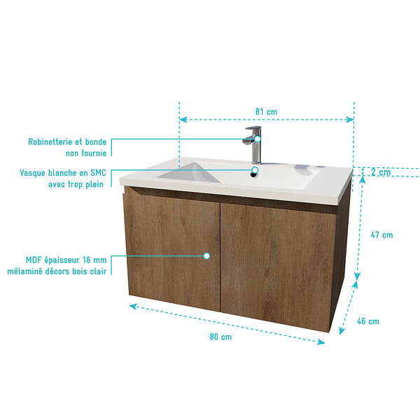 AURLANE - Meuble de salle de bains 80cm à Suspendre Décor Bois Clair - 2 Portes - Vasque Blanche - ELEMENTARY - large