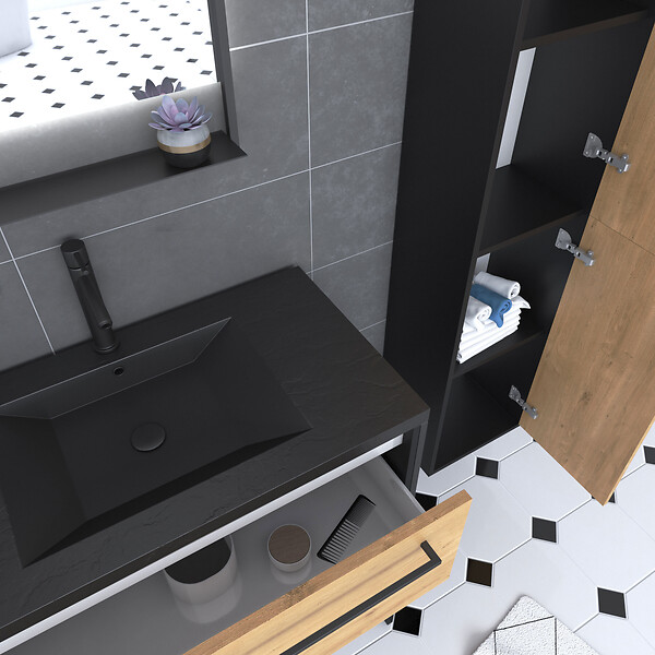 AURLANE - Meuble Salle de Bains 80 cm, Vasque Noire, Miroir Led et Colonne - Chêne et Noir - STRUCTURA - large