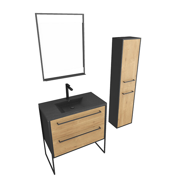 AURLANE - Meuble Salle de Bains 80 cm, Vasque Noire, Miroir Led et Colonne - Chêne et Noir - STRUCTURA - large