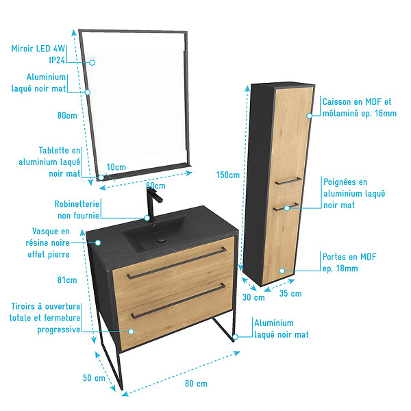 AURLANE - Meuble Salle de Bains 80 cm, Vasque Noire, Miroir Led et Colonne - Chêne et Noir - STRUCTURA - large