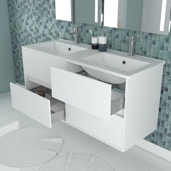 AURLANE - Meuble Salle de Bains 120 cm Laqué Blanc 4 Tiroirs, Vasque, Miroirs 60x80 à Leds intégrées - XENOS - large