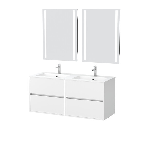 AURLANE - Meuble Salle de Bains 120 cm Laqué Blanc 4 Tiroirs, Vasque, Miroirs 60x80 à Leds intégrées - XENOS - large