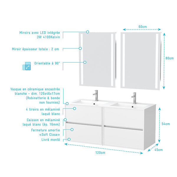 AURLANE - Meuble Salle de Bains 120 cm Laqué Blanc 4 Tiroirs, Vasque, Miroirs 60x80 à Leds intégrées - XENOS - large