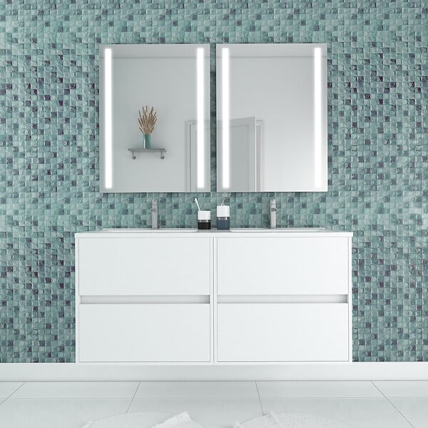 AURLANE - Meuble Salle de Bains 120 cm Laqué Blanc 4 Tiroirs, Vasque, Miroirs 60x80 à Leds intégrées - XENOS - large