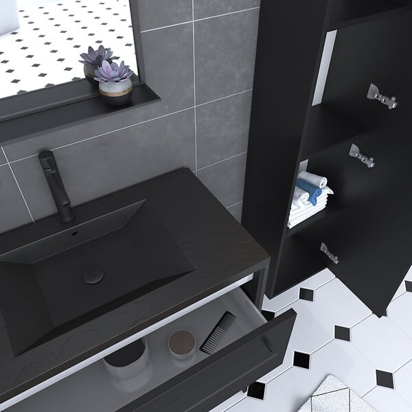 AURLANE - Meuble Salle de Bains 80 cm, Vasque Noire, Miroir Led et Colonne - Noir - STRUCTURA - large