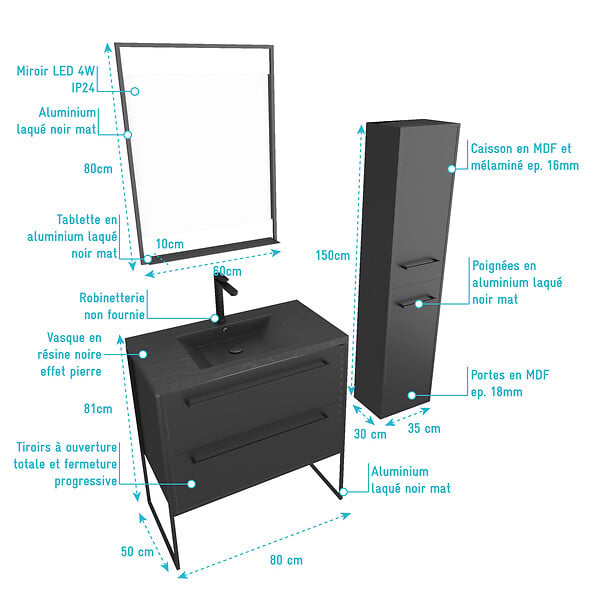 AURLANE - Meuble Salle de Bains 80 cm, Vasque Noire, Miroir Led et Colonne - Noir - STRUCTURA - large