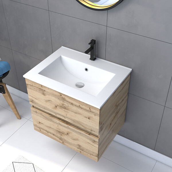 AURLANE - Pack Meuble SDB 60cm suspendu 2 tiroirs Chene_Vasque blanche + Miroir Barber - TIMBER 60_Pack32 - large