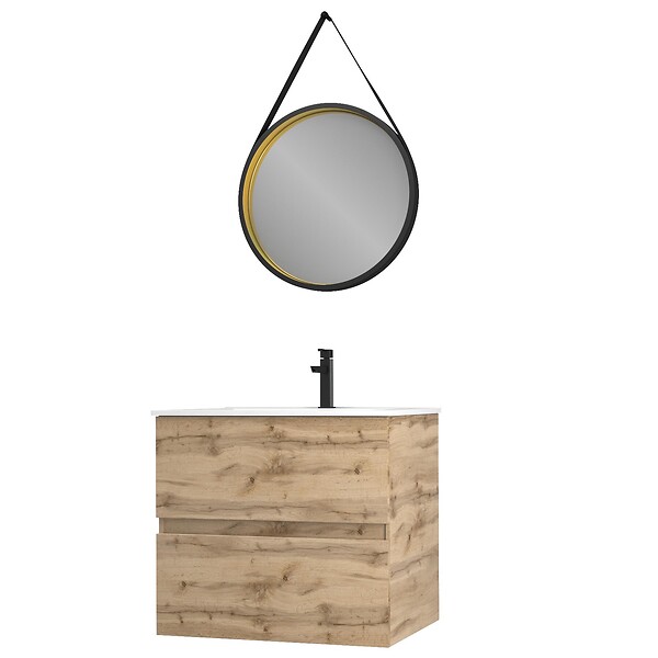AURLANE - Pack Meuble SDB 60cm suspendu 2 tiroirs Chene_Vasque blanche + Miroir Barber - TIMBER 60_Pack32 - large