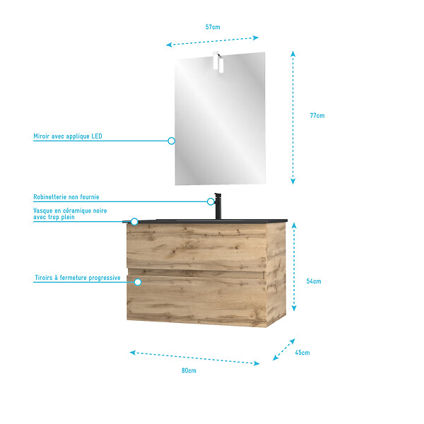 AURLANE - Meuble salle de bain 80x54 - Finition chene naturel + vasque noire + miroir Led - TIMBER 80 - Pack33 - large