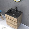 AURLANE - Pack Meuble SDB 60cm sur pieds 3 tiroirs Chene_Vasque noire + Miroir Barber - TIMBER 60 - Pack40 - vignette