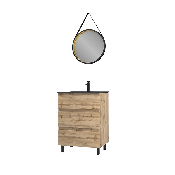 AURLANE - Pack Meuble SDB 60cm sur pieds 3 tiroirs Chene_Vasque noire + Miroir Barber - TIMBER 60 - Pack40 - large