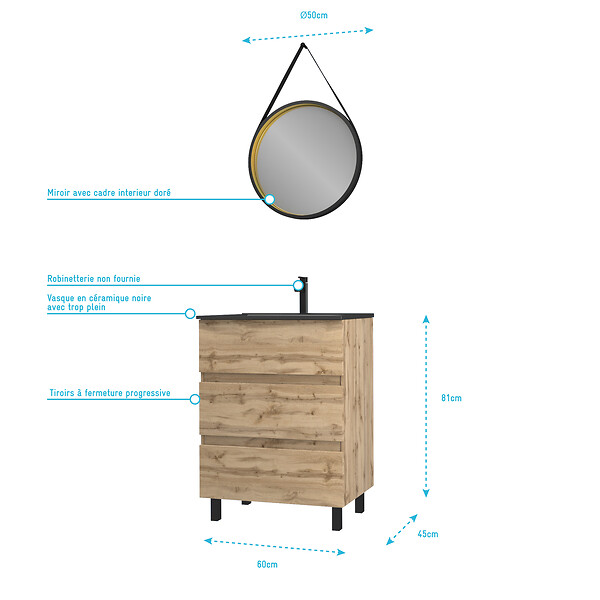 AURLANE - Pack Meuble SDB 60cm sur pieds 3 tiroirs Chene_Vasque noire + Miroir Barber - TIMBER 60 - Pack40 - large