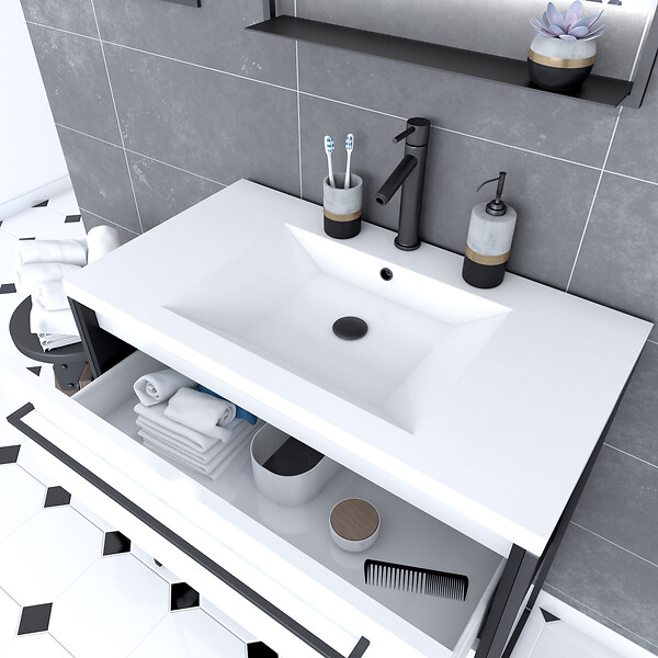 AURLANE - Meuble de salle de bain 80x50cm NOIR MAT - 2 tiroirs blanc - vasque blanche - STRUCTURA F034 - large