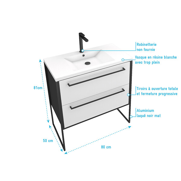 AURLANE - Meuble de salle de bain 80x50cm NOIR MAT - 2 tiroirs blanc - vasque blanche - STRUCTURA F034 - large