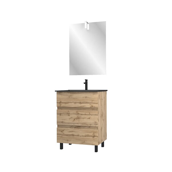 AURLANE - Meuble salle de bain 60x80 - Finition chene naturel + vasque noire + miroir Led - TIMBER 60 - Pack39 - large