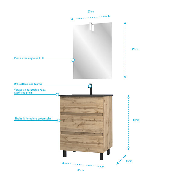 AURLANE - Meuble salle de bain 60x80 - Finition chene naturel + vasque noire + miroir Led - TIMBER 60 - Pack39 - large
