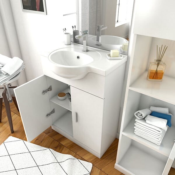 AURLANE - Ensemble de salle de bain blanc 60cm + vasque en céramique blanche + miroir LED + colonne 2 portes - large