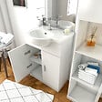AURLANE - Ensemble de salle de bain blanc 60cm + vasque en céramique blanche + miroir LED + colonne 2 portes - vignette