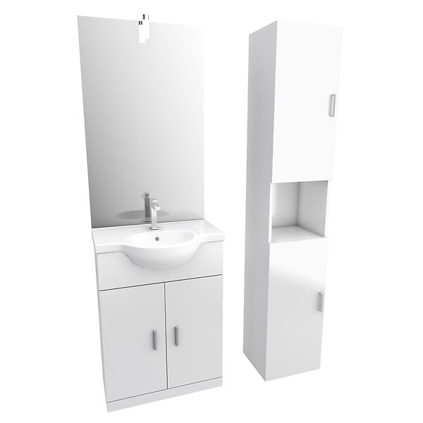 AURLANE - Ensemble de salle de bain blanc 60cm + vasque en céramique blanche + miroir LED + colonne 2 portes - large