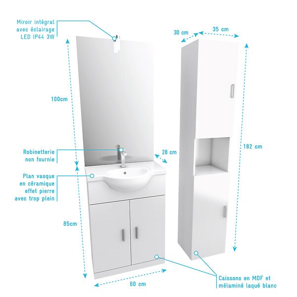 AURLANE - Ensemble de salle de bain blanc 60cm + vasque en céramique blanche + miroir LED + colonne 2 portes - large