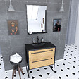AURLANE - Meuble de salle de bain 80x50 cm NOIR MAT - 2 tiroirs - vasque résine noire effet pierre + miroir - vignette