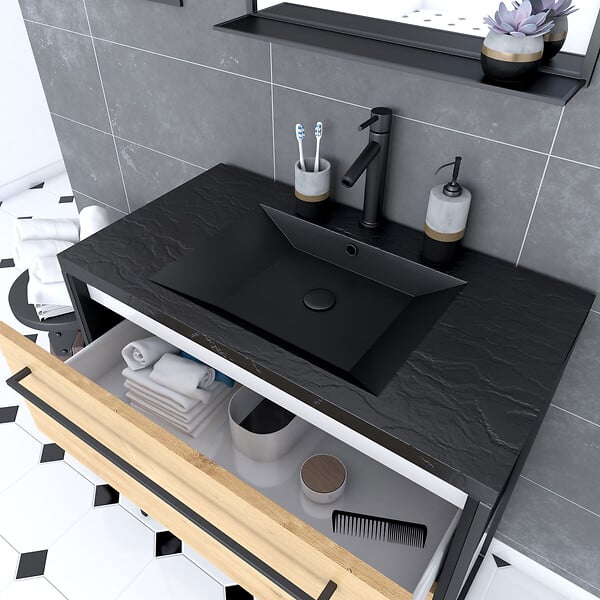 AURLANE - Meuble de salle de bain 80x50 cm NOIR MAT - 2 tiroirs - vasque résine noire effet pierre + miroir - large