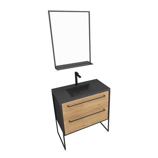 AURLANE - Meuble de salle de bain 80x50 cm NOIR MAT - 2 tiroirs - vasque résine noire effet pierre + miroir - large