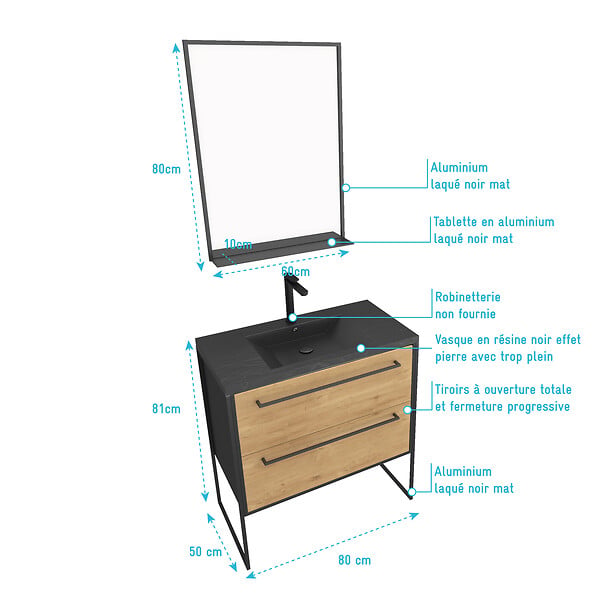 AURLANE - Meuble de salle de bain 80x50 cm NOIR MAT - 2 tiroirs - vasque résine noire effet pierre + miroir - large