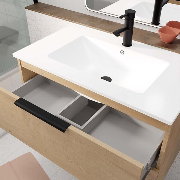 AURLANE - Meuble de Salle de Bains 80cm Suspendu Decor Bois Clair 2 Tiroirs - Vasque Blanche - ELEMENTARY - large