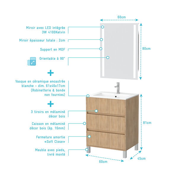 AURLANE - Pack Meuble Salle de Bains 60cm Chêne Clair 3 Tiroirs, Vasque, Miroir 60x80 à Leds intégrées - XENOS - large