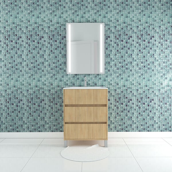 AURLANE - Pack Meuble Salle de Bains 60cm Chêne Clair 3 Tiroirs, Vasque, Miroir 60x80 à Leds intégrées - XENOS - large