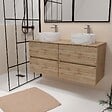 AURLANE - Meuble Salle de Bains 120cm 4 Tiroirs Chêne Naturel - 2 Vasques Rondes 36cm Blanches Effet Marbre - vignette