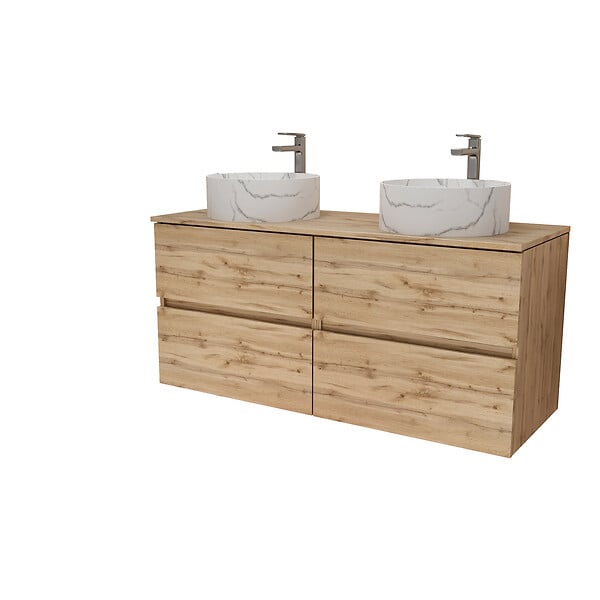 AURLANE - Meuble Salle de Bains 120cm 4 Tiroirs Chêne Naturel - 2 Vasques Rondes 36cm Blanches Effet Marbre - large
