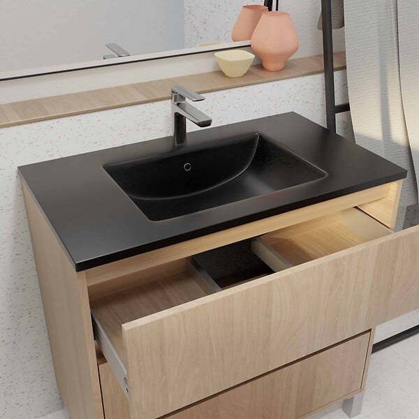 AURLANE - Meuble de salle de bains 80 cm 3 Tiroirs Chêne Clair + Vasque Céramique Noire - XENOS - large