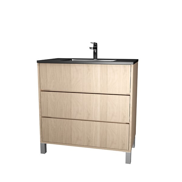 AURLANE - Meuble de salle de bains 80 cm 3 Tiroirs Chêne Clair + Vasque Céramique Noire - XENOS - large