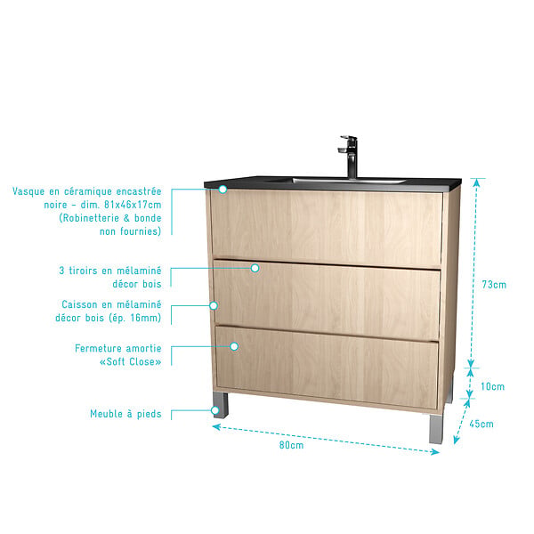 AURLANE - Meuble de salle de bains 80 cm 3 Tiroirs Chêne Clair + Vasque Céramique Noire - XENOS - large