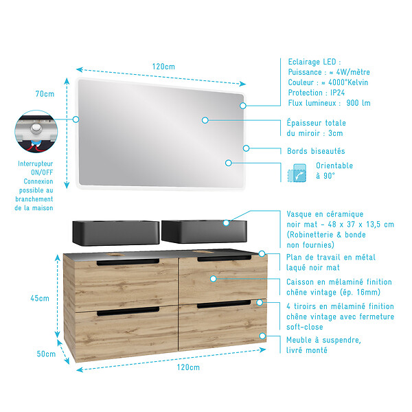 AURLANE - Meuble salle de bains 120cm Chêne et noir, Vasques rectangulaires et Miroir Led 120x70 - OMEGA - large