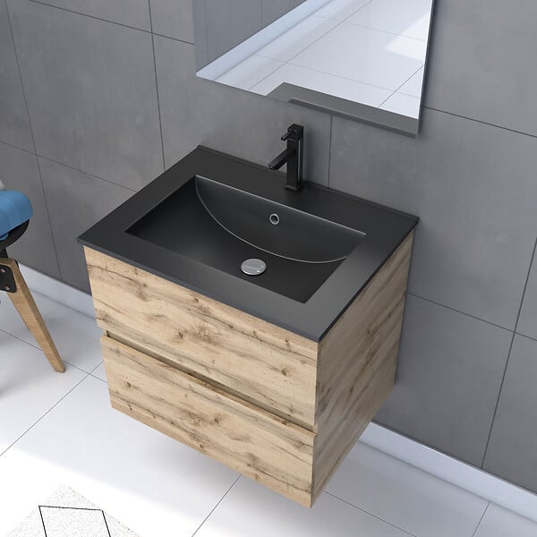 AURLANE - Meuble salle de bain 60x54 - Finition chene naturel + vasque noire + miroir Led - TIMBER 60 - Pack29 - large