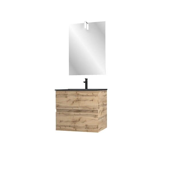 AURLANE - Meuble salle de bain 60x54 - Finition chene naturel + vasque noire + miroir Led - TIMBER 60 - Pack29 - large