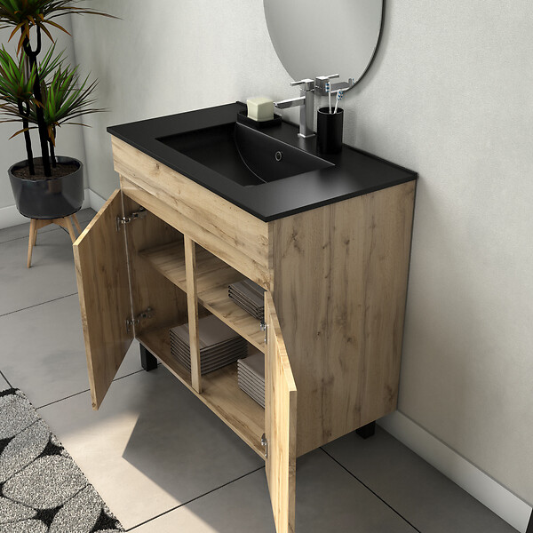 AURLANE - Meuble Salle de Bains 80cm 2 Portes Chêne Naturel + Vasque Noire et Miroir Ovale - large