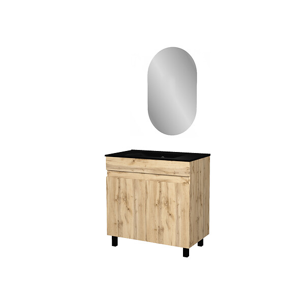 AURLANE - Meuble Salle de Bains 80cm 2 Portes Chêne Naturel + Vasque Noire et Miroir Ovale - large
