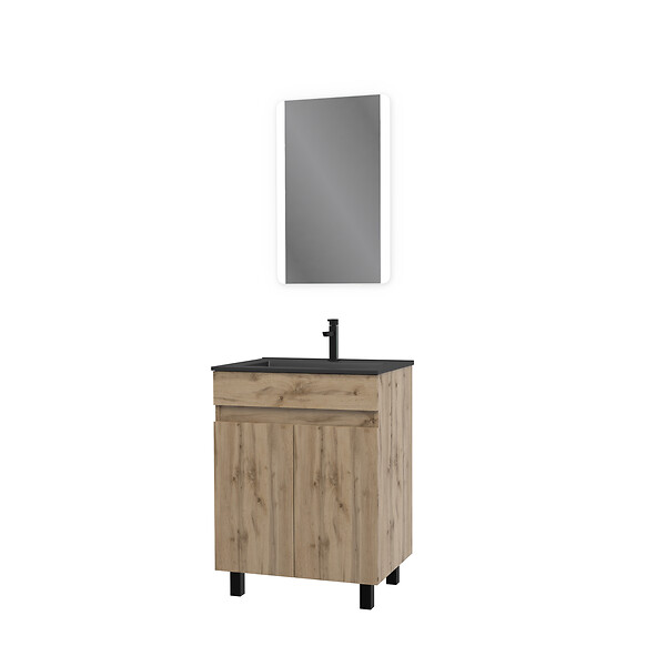 AURLANE - Meuble salle de bain 60x80 - Finition chene naturel - vasque noire + miroir Led - TIMBER 60 - Pack02 - large