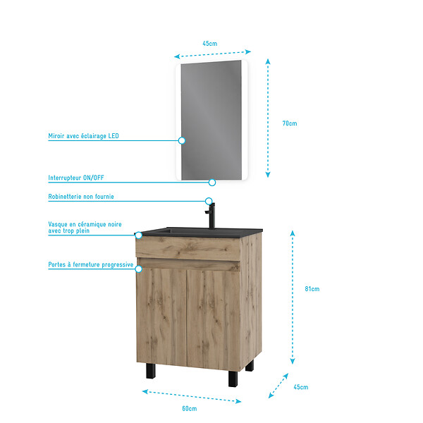 AURLANE - Meuble salle de bain 60x80 - Finition chene naturel - vasque noire + miroir Led - TIMBER 60 - Pack02 - large