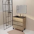 AURLANE - Meuble de salle de bains suspendu 70 TIMBER Décor Chêne 3 tiroirs Vasque noire et miroir LED 70x50 - vignette