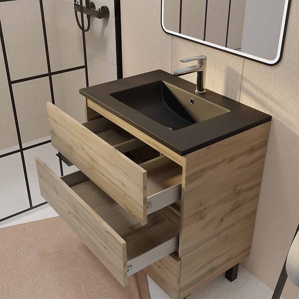 AURLANE - Meuble de salle de bains suspendu 70 TIMBER Décor Chêne 3 tiroirs Vasque noire et miroir LED 70x50 - large