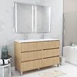 AURLANE - Meuble Salle de Bains 120 cm Chêne Clair 6 Tiroirs, Vasque, Miroirs 60x80 à Leds intégrées - XENOS - vignette