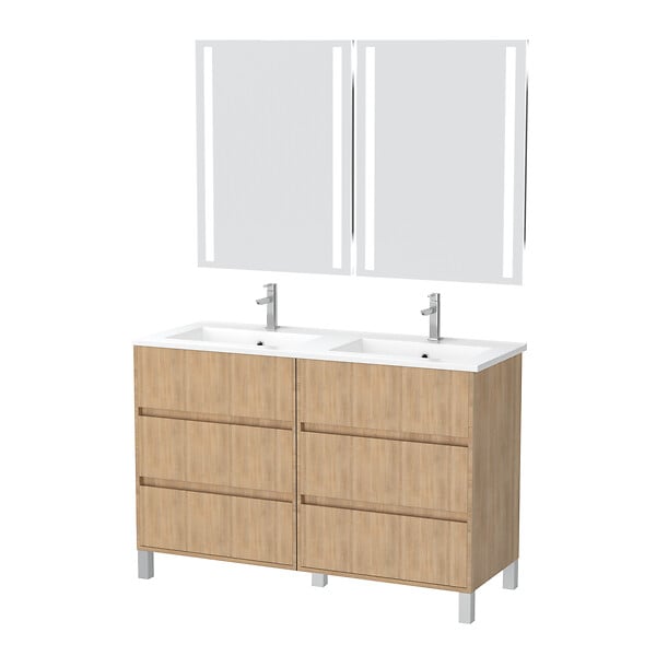 AURLANE - Meuble Salle de Bains 120 cm Chêne Clair 6 Tiroirs, Vasque, Miroirs 60x80 à Leds intégrées - XENOS - large