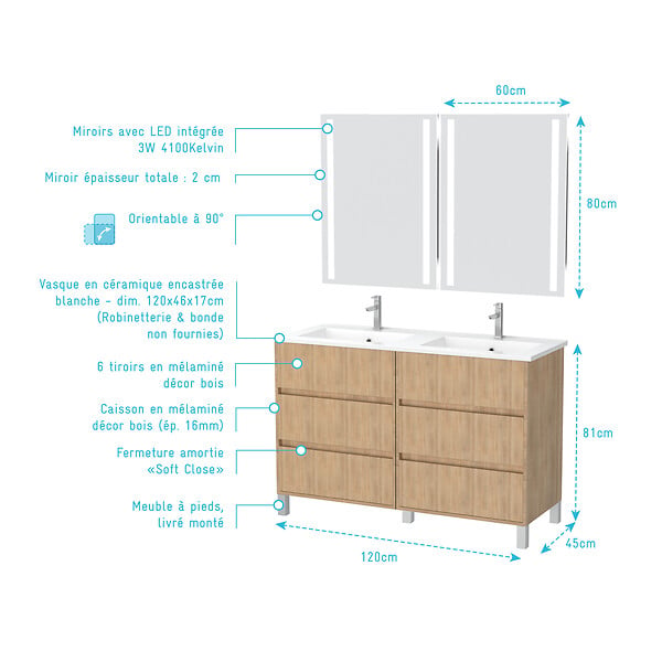 AURLANE - Meuble Salle de Bains 120 cm Chêne Clair 6 Tiroirs, Vasque, Miroirs 60x80 à Leds intégrées - XENOS - large