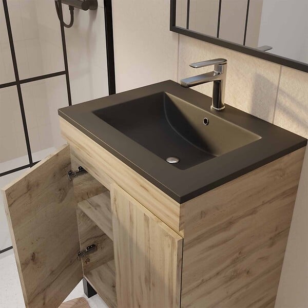 AURLANE - Meuble salle de bains 60cm décor chene naturel 2 portes - Vasque noire et Miroir - TIMBER - large