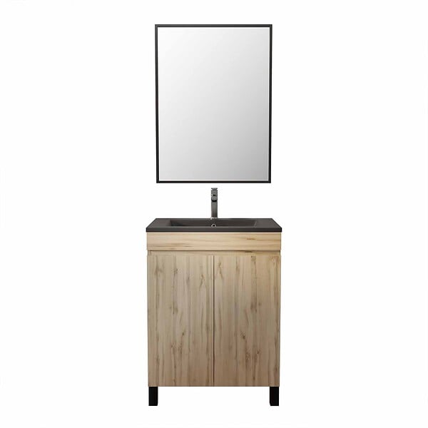 AURLANE - Meuble salle de bains 60cm décor chene naturel 2 portes - Vasque noire et Miroir - TIMBER - large